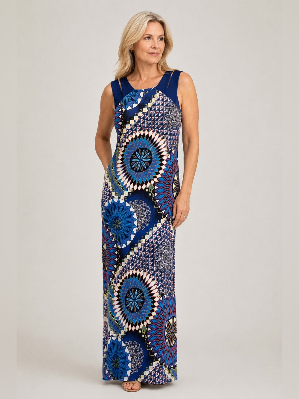 Frank Lyman Designsc Maxi Dress Blue Geometric Print 12